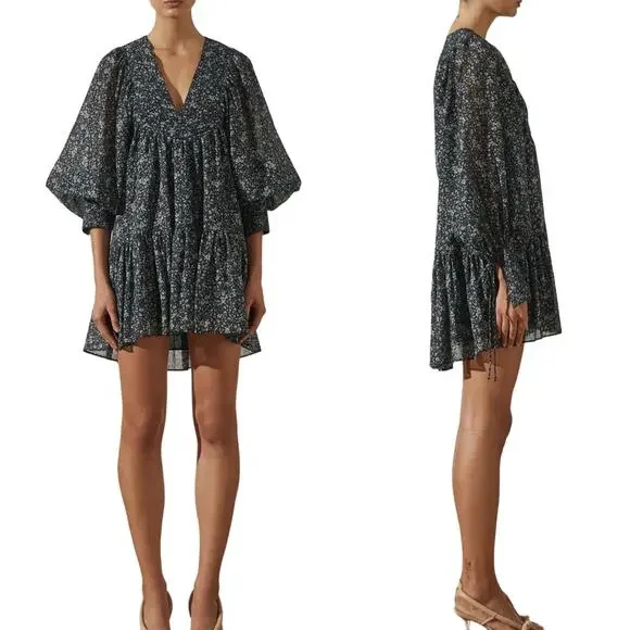 Shona Joy Denise Pintuck Babydoll Mini Balloon Puff Sleeve Short Floral Dress 10 - Picture 2 of 16